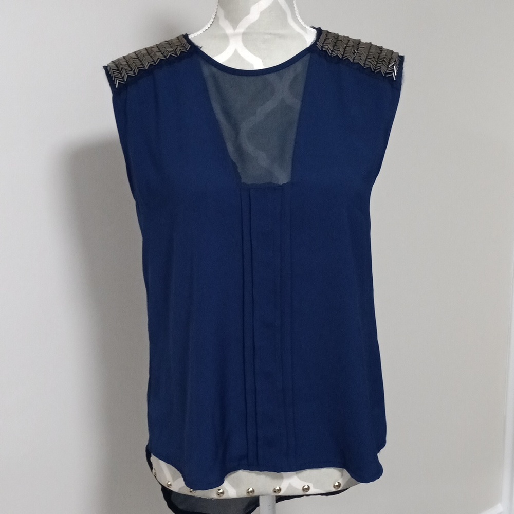 *2/15* Blue Flowy Top with Shoulder Metal Accents